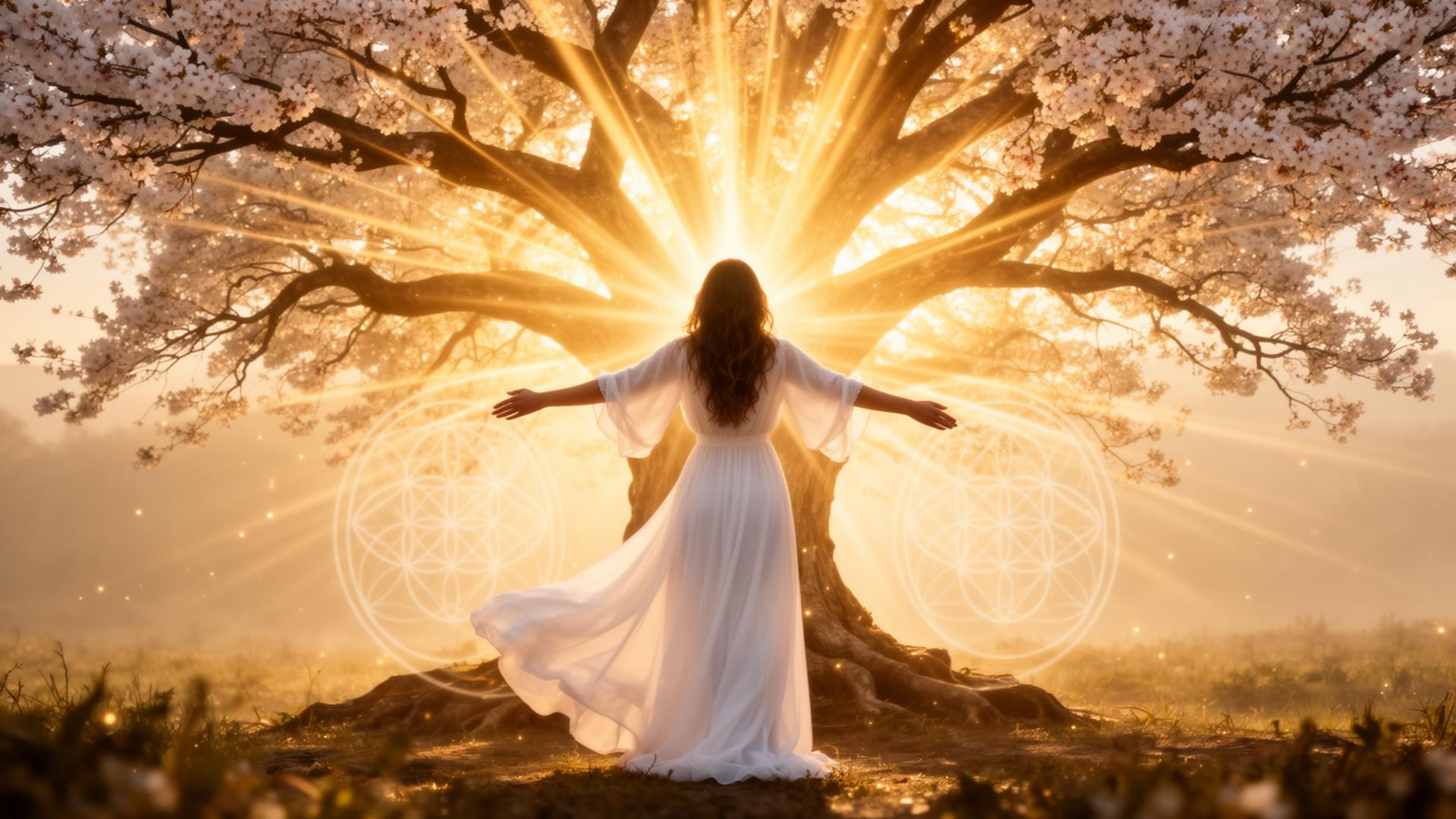 Woman standing with arms open before a glowing tree of life at golden hour