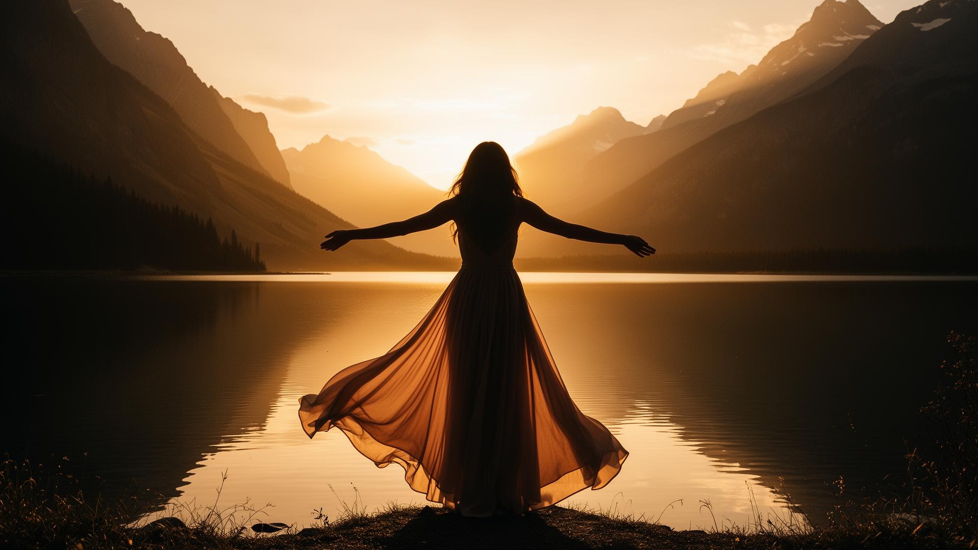 Woman with arms open before mountains at sunset